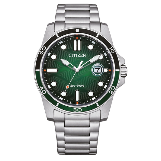 Reloj Citizen Marine 1810 Eco-Drive AW1811-82X de acero con esfera verde, vista frontal