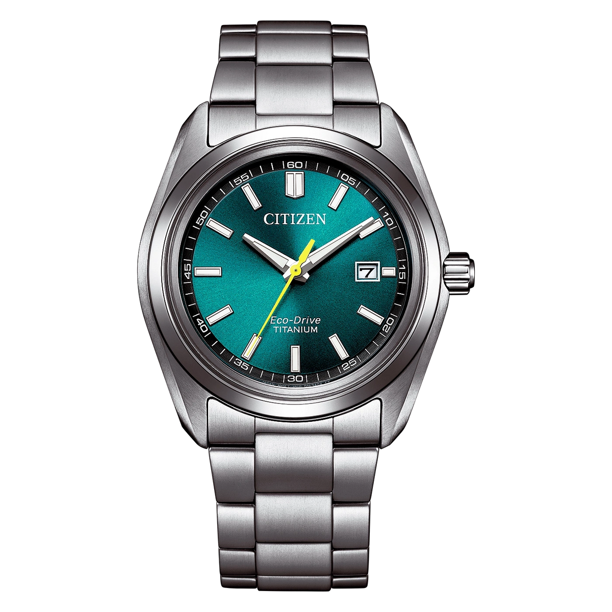Reloj Citizen Super Titanium Eco-Drive AW1900-50X con esfera verde, vista frontal