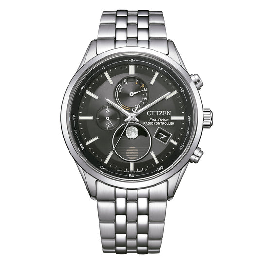 Reloj Citizen Tsuki-yomi Moon Phase BY1030-50E radiocontrolado de acero con esfera negra, vista frontal