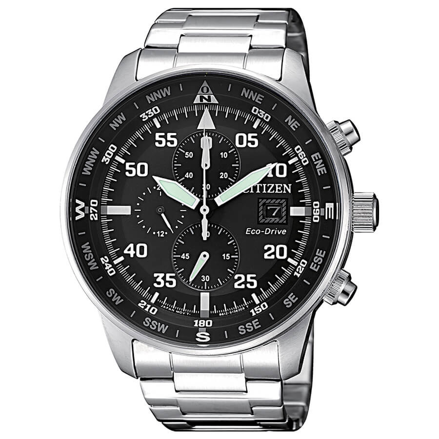 Reloj Citizen Aviator Crono Eco-Drive CA0690-88E de acero con esfera negra, vista frontal