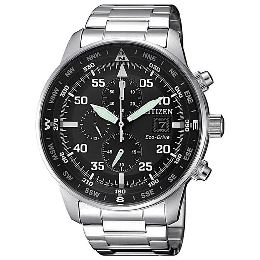Reloj Citizen Aviator Crono Eco-Drive CA0690-88E de acero con esfera negra, vista frontal