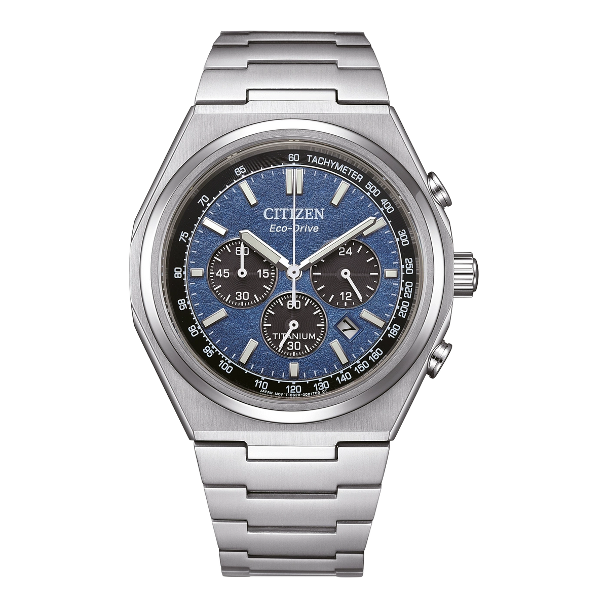 Citizen Zenshin Chrono Super Titanium Eco-Drive CA4610-85L con esfera azul, vista frontal