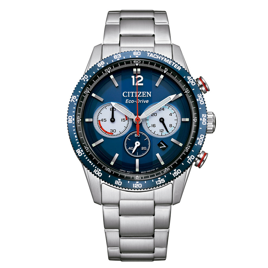 Reloj Citizen Chrono Racing Eco-Drive CA4716-50L de acero con esfera azul, vista frontal