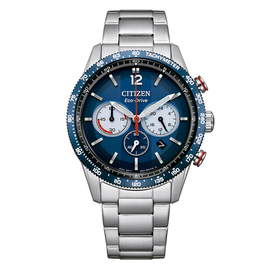Reloj Citizen Chrono Racing Eco-Drive CA4716-50L de acero con esfera azul, vista frontal