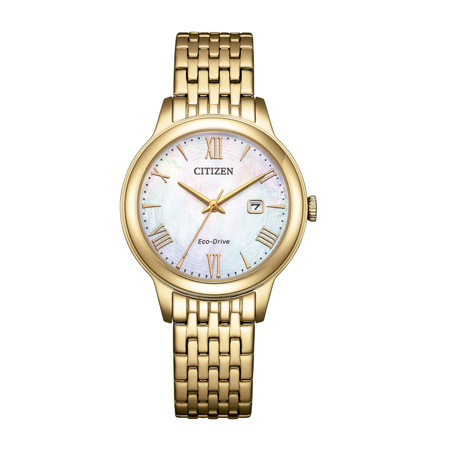 Reloj de mujer Citizen Lady Dress Eco-Drive EW2623-53D de acero con acabado oro rosa y esfera blanca, vista frontal