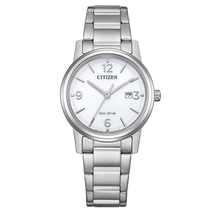 Reloj de mujer Citizen Eco-Drive Pair EW2720-57A de acero con esfera blanca, vista frontal