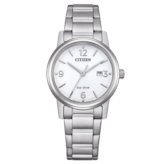 Reloj de mujer Citizen Eco-Drive Pair EW2720-57A de acero con esfera blanca, vista frontal