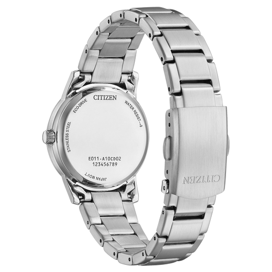 Reloj de mujer Citizen Eco-Drive Pair EW2720-57A de acero con esfera blanca, vista trasera