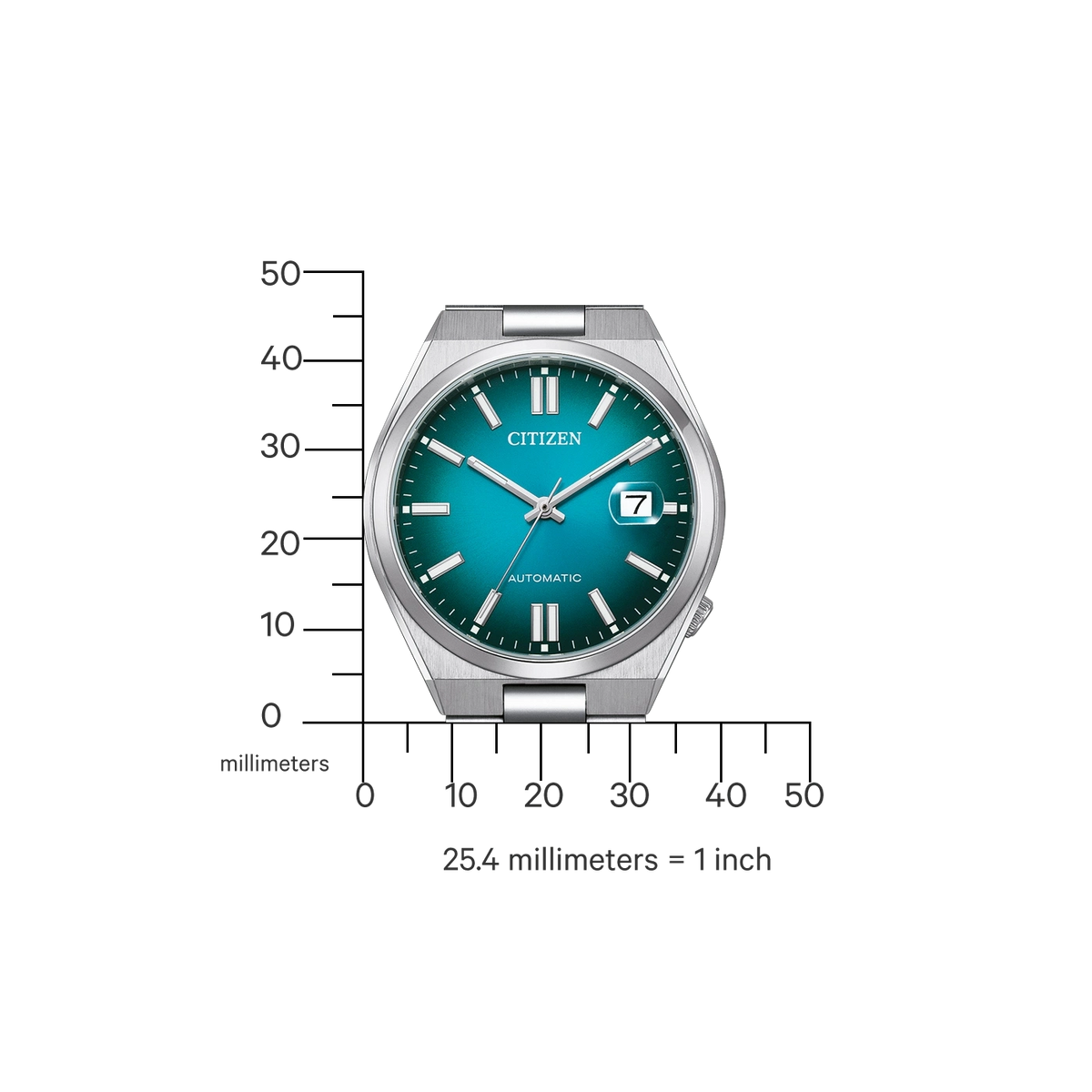 Reloj Citizen Tsuyosa NJ0151-88X de acero con esfera verde turquesa, medidas de la caja