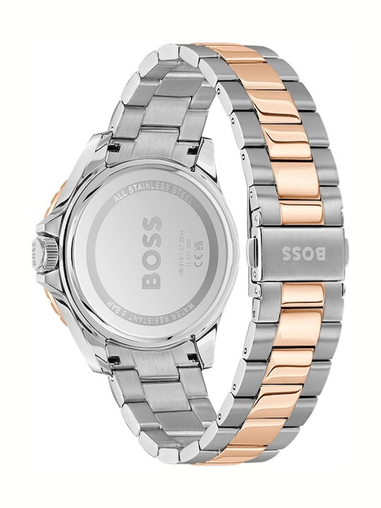 Reloj Hugo Boss con caja de acero inoxidable y brazalete en tonos plateado y rosado.