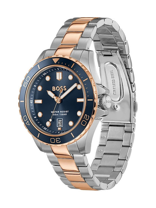 Reloj Hugo Boss Troper para hombre con diseño deportivo y elegante, caja de acero inoxidable y brazalete bicolor.