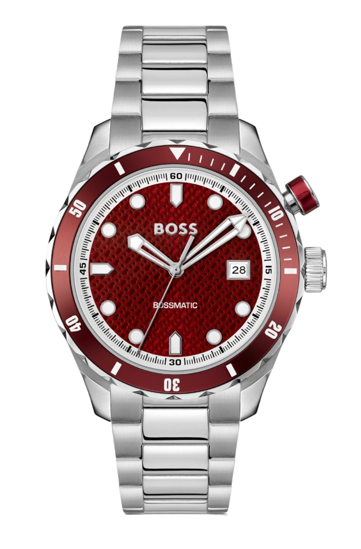 Reloj Hugo Boss Bossmatic con esfera burdeos, mecanismo automático híbrido y correa de acero inoxidable.