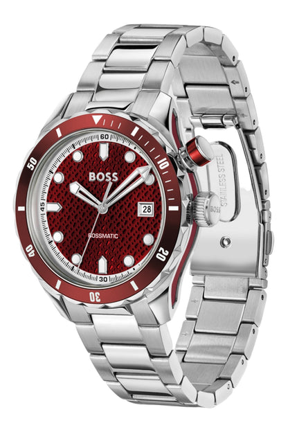 Reloj Hugo Boss con esfera burdeos, diseño contemporáneo y mecanismo automático híbrido.