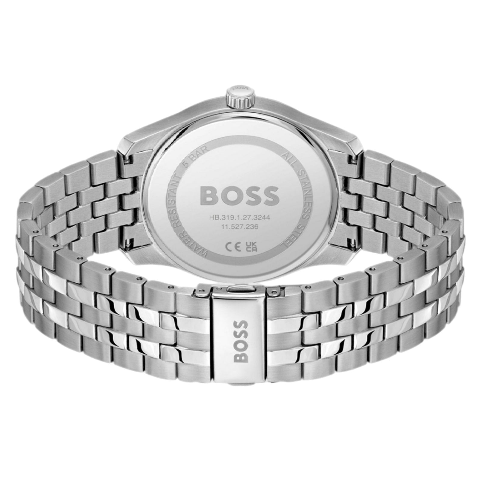 Reloj Hugo Boss con pulsera de eslabones de acero inoxidable y fondo grabado con logo, diseño elegante y clásico.