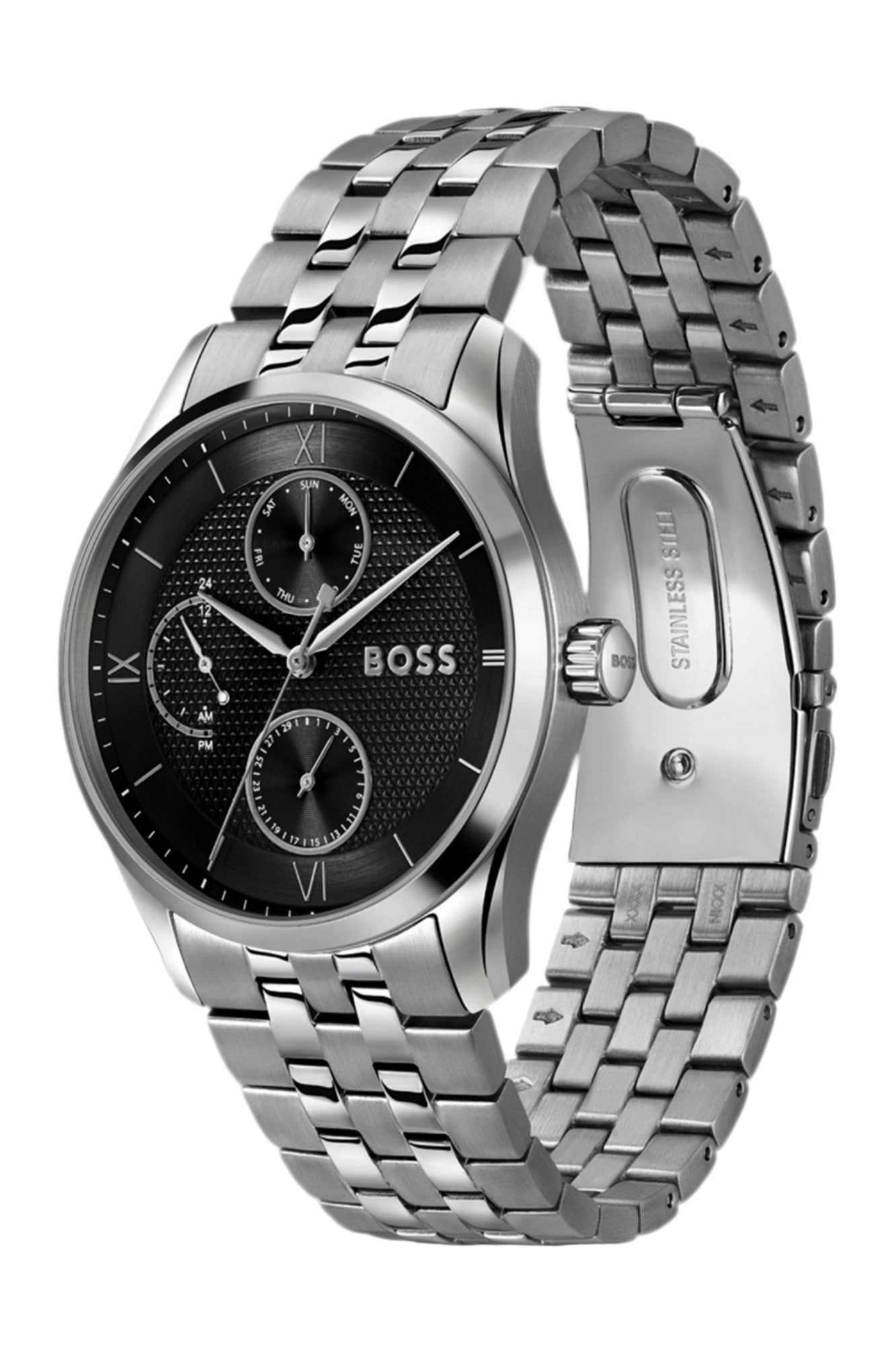Reloj BOSS Hombre en acero plateado con esfera negra y subesferas, elegante pulsera de eslabones.