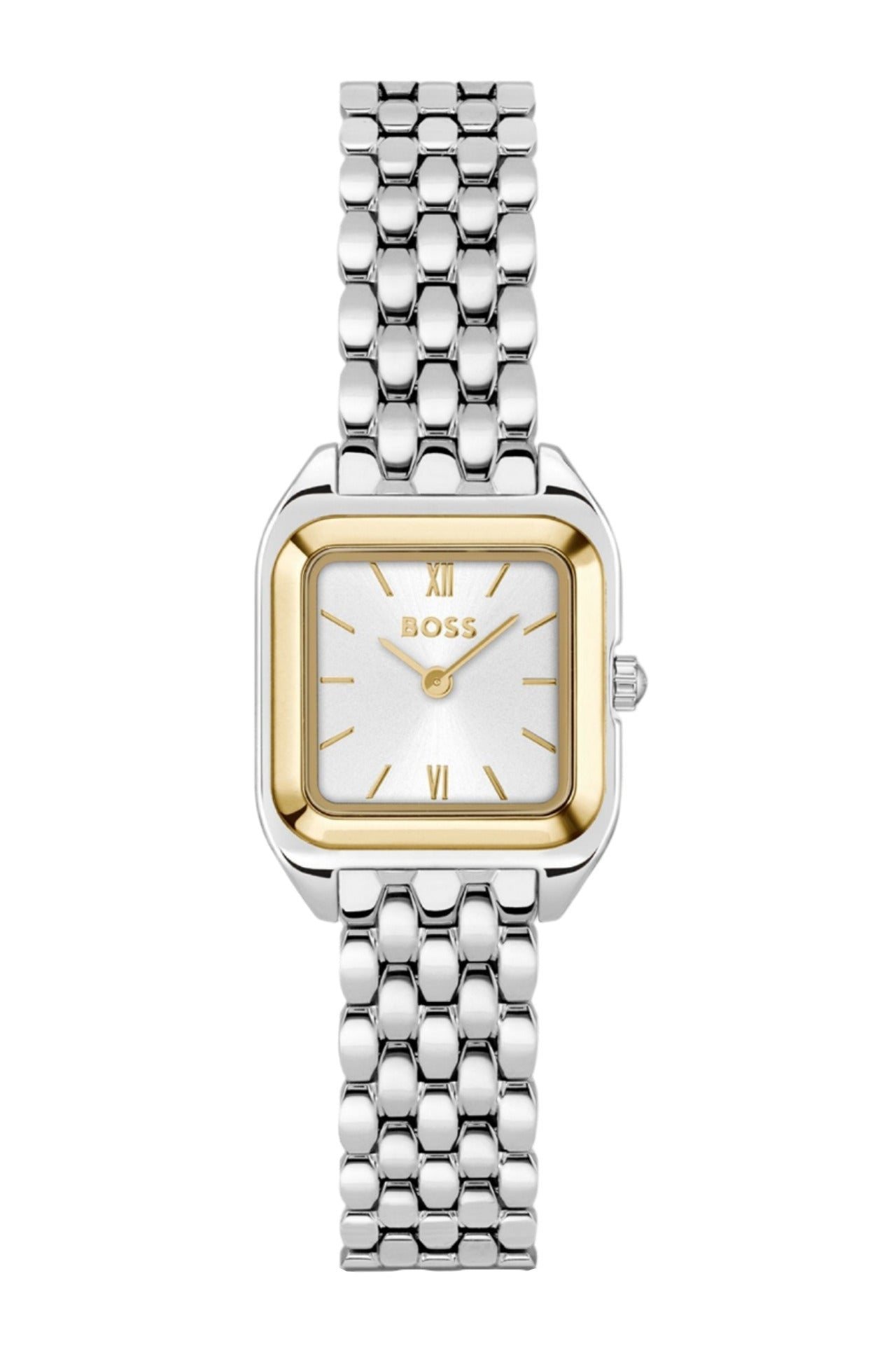 Esfera satinada plateado-blanco del reloj Hugo Boss para mujer con números romanos y diseño atemporal