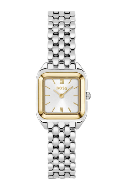 Esfera satinada plateado-blanco del reloj Hugo Boss para mujer con números romanos y diseño atemporal