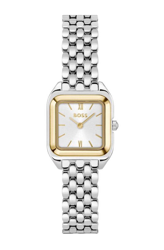 Esfera satinada plateado-blanco del reloj Hugo Boss para mujer con números romanos y diseño atemporal