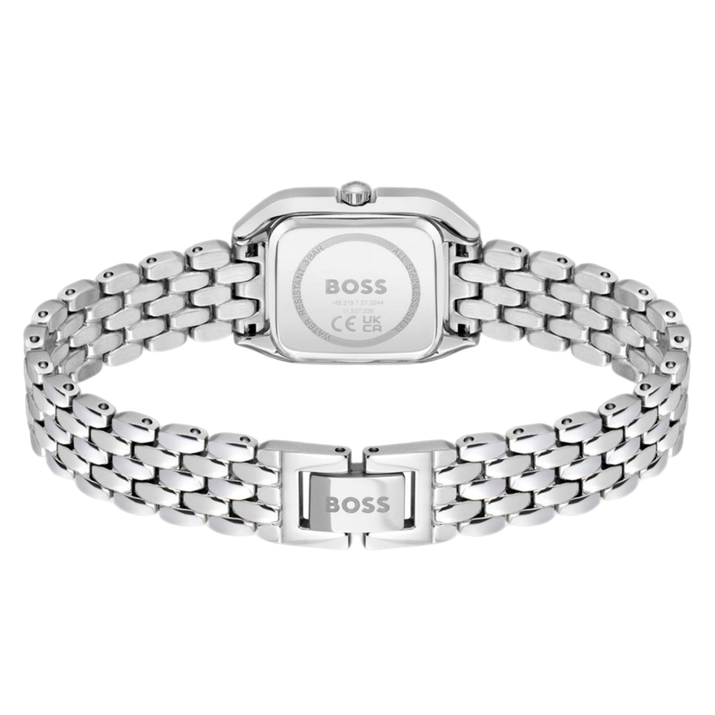 Detalle de la correa de acero inoxidable y cierre plegable del reloj Hugo Boss femenino