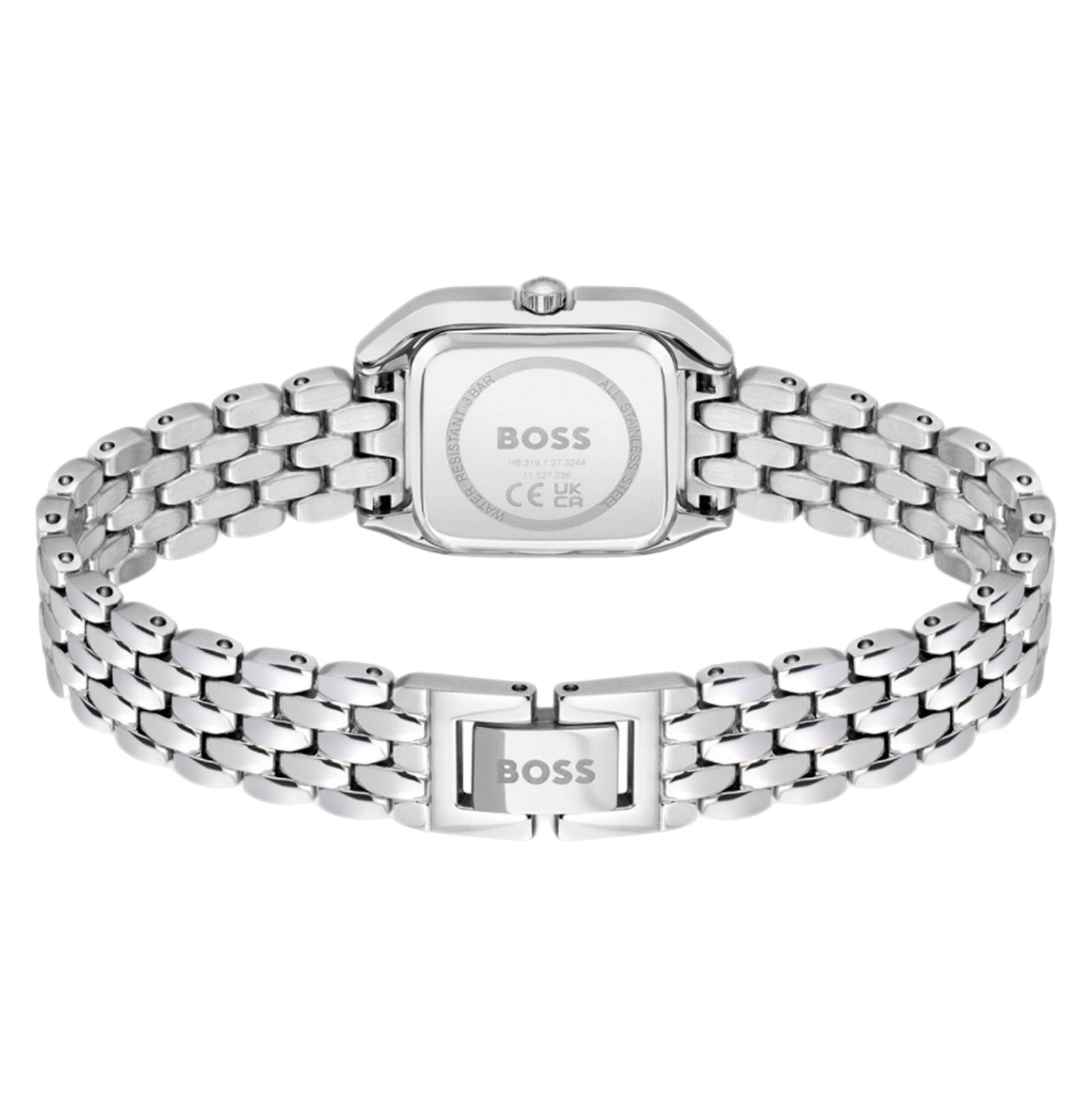 Detalle de la correa de acero inoxidable y cierre plegable del reloj Hugo Boss femenino