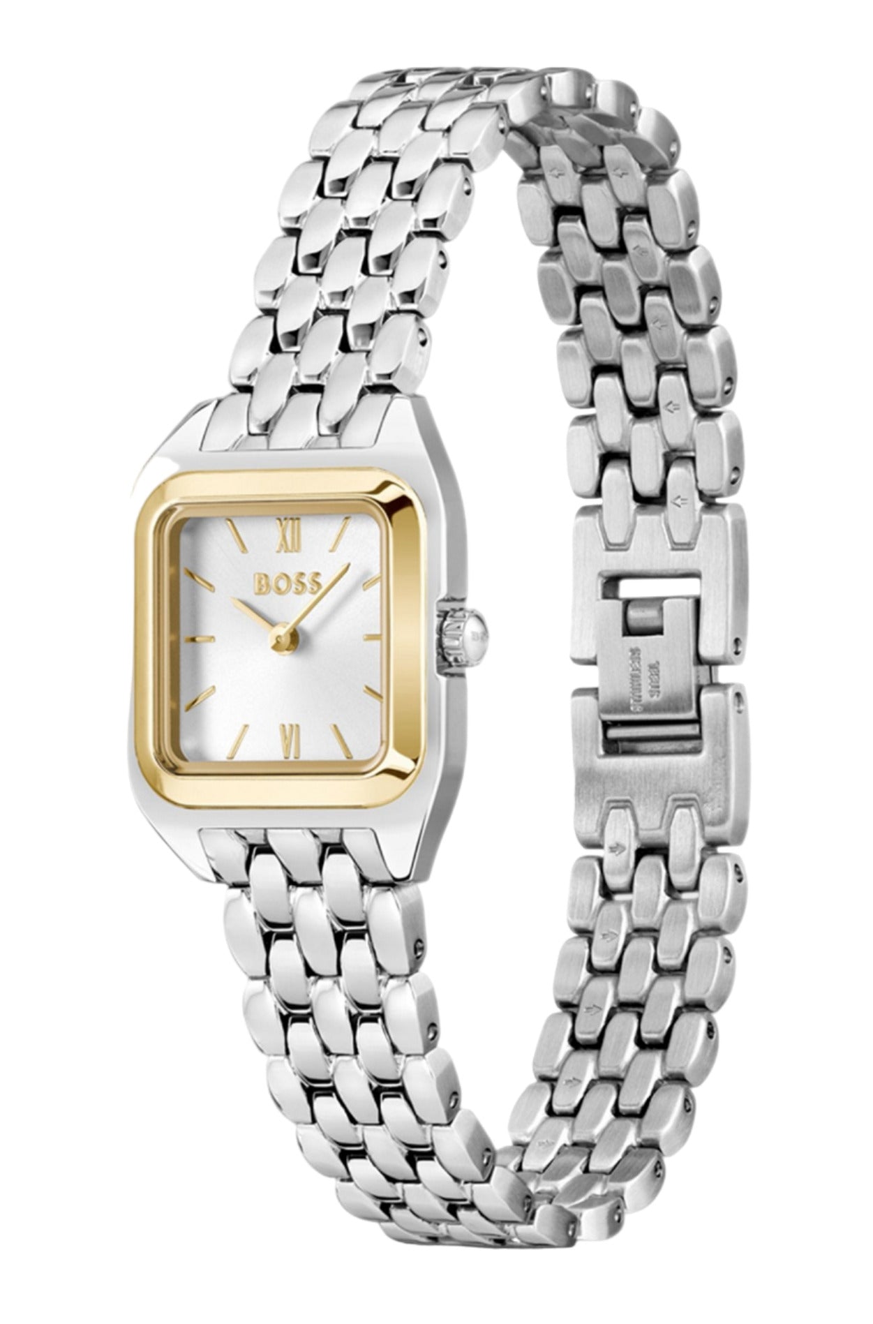 Reloj Hugo Boss para mujer con caja cuadrada, esfera plateado-blanco y bisel dorado