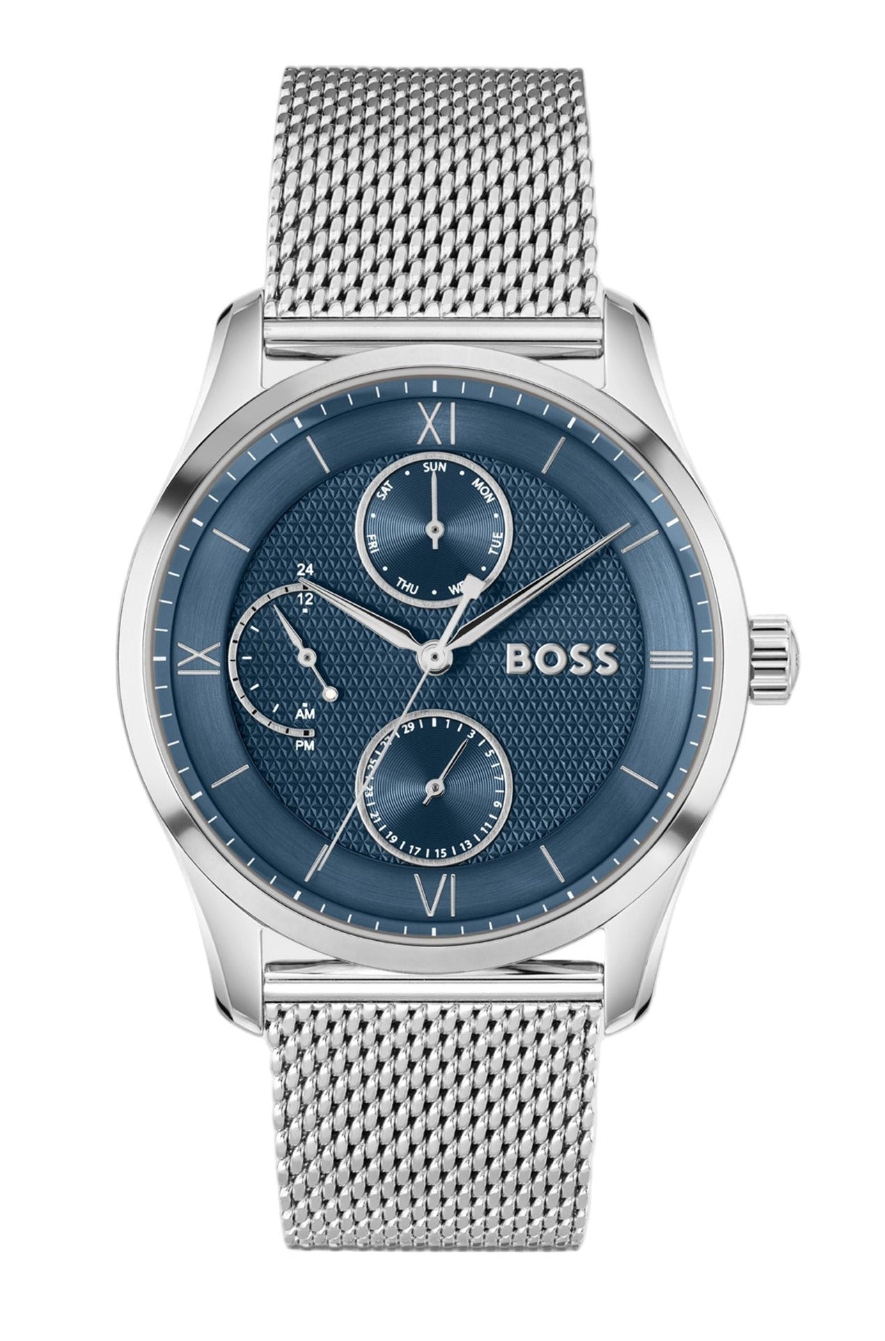 Reloj BOSS Hombre con esfera azul y subesferas, correa de acero plateado, estilo elegante y moderno.