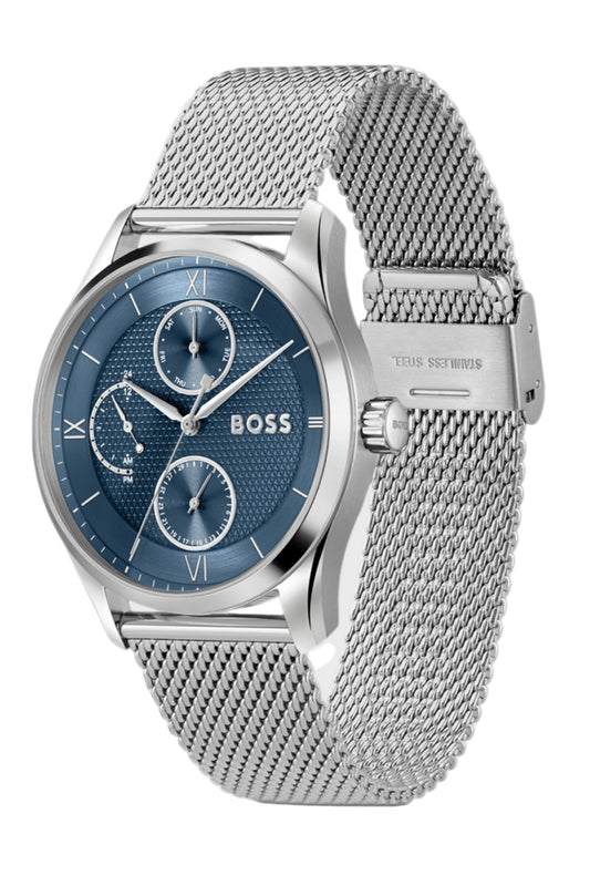 Reloj Hugo Boss Principle Master Azul con esfera azul y malla de acero plateado, elegante y sofisticado.