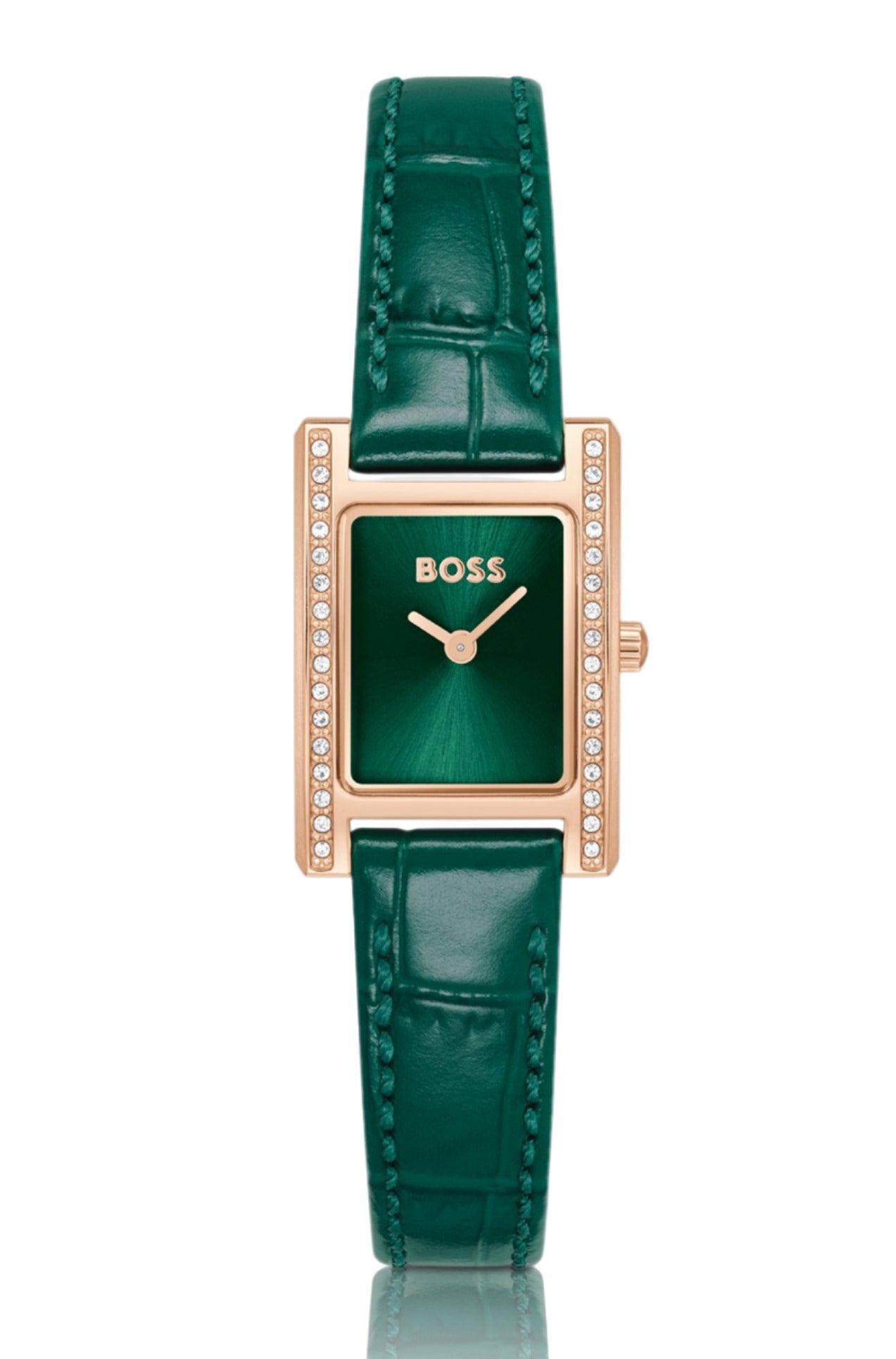 Esfera verde del reloj Hugo Boss para mujer con cristales brillantes y diseño refinado