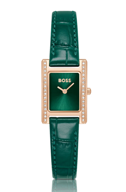 Esfera verde del reloj Hugo Boss para mujer con cristales brillantes y diseño refinado