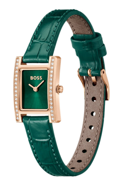 Reloj Hugo Boss para mujer con caja en oro rojo, esfera verde y cristales brillantes