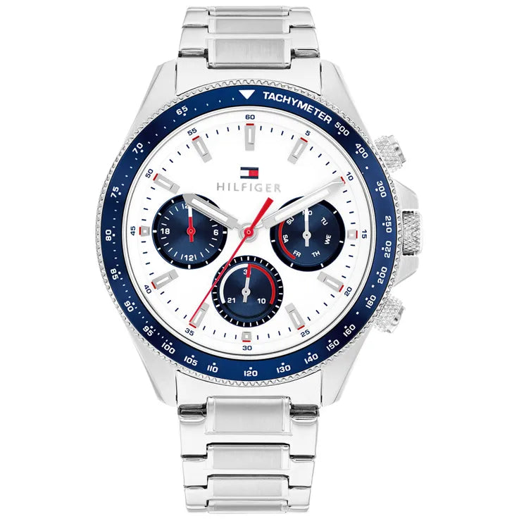 Esfera blanca del reloj Tommy Hilfiger Clark con agujas luminiscentes y calendario