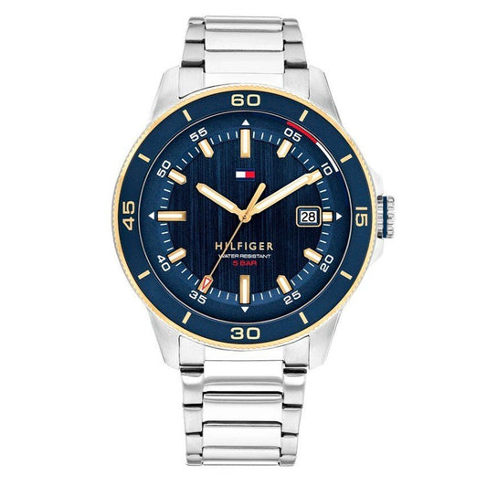 Esfera azul marino del reloj Tommy Hilfiger con ventana de calendario y acentos amarillos